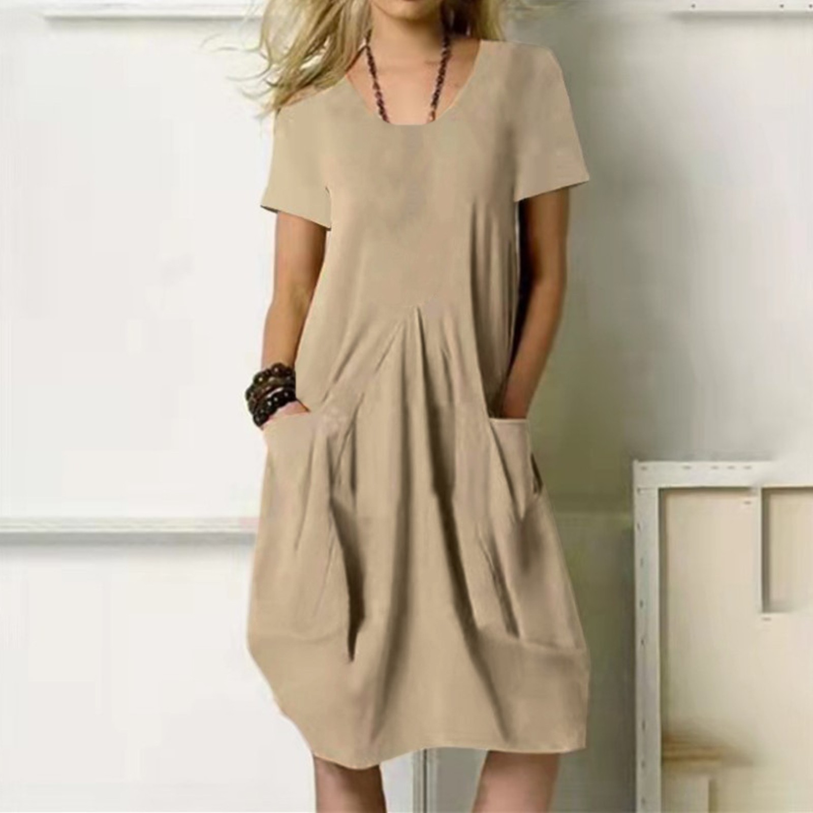 thumbnail image 2 of Vestido largo bohemio para mujer talla grande - Manga corta, cuello en V, estampado floral - Poliéster ligero, informal para la oficina/vacaciones/fiestas, 2 of 5